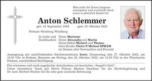Traueranzeige Anton Schlemmer