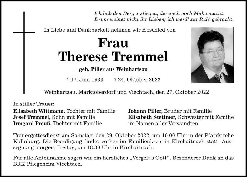 Traueranzeige Theres Tremmel