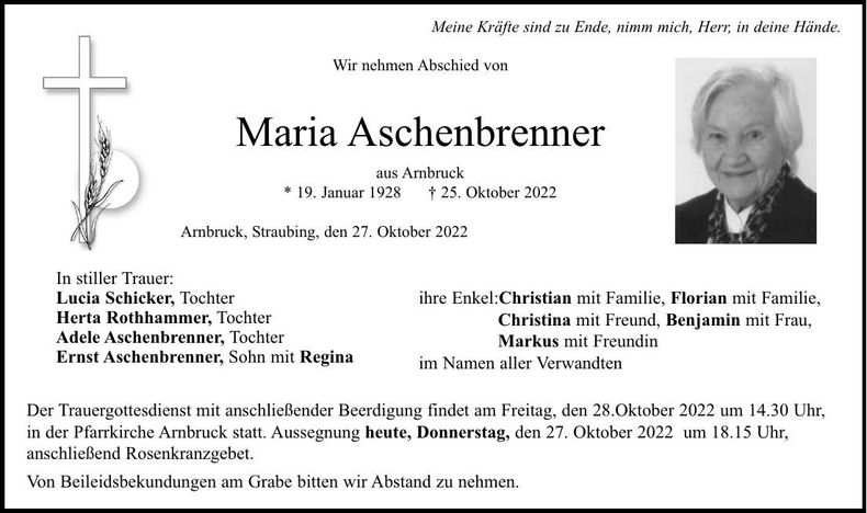 Traueranzeige Maria Aschenbrenner