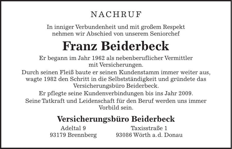 Traueranzeige Franz Beiderbeck