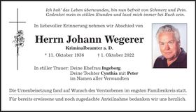 Traueranzeige Johann Wegerer