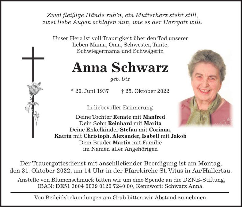 Traueranzeige Anna Schwarz
