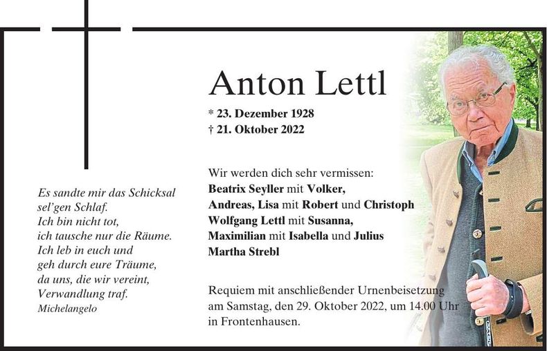 Traueranzeige Anton Lettl