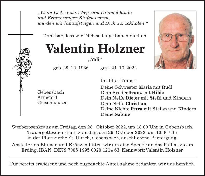 Traueranzeige Valentin Holzner