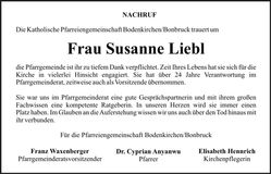 Traueranzeige Susanne Liebl