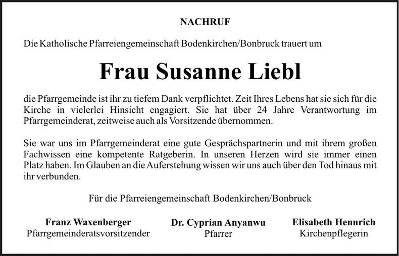 Traueranzeige Susanne Liebl