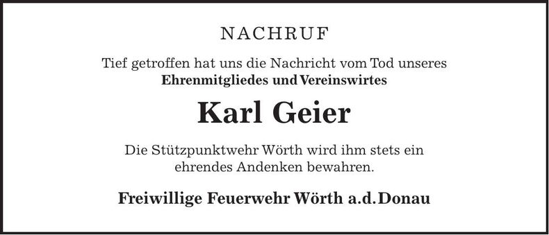 Traueranzeige Karl Geier