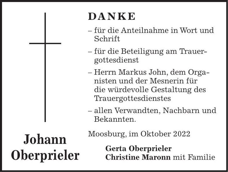 Traueranzeige Johann Oberprieler
