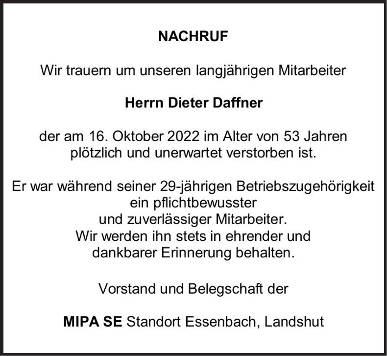 Traueranzeige Dieter Daffner