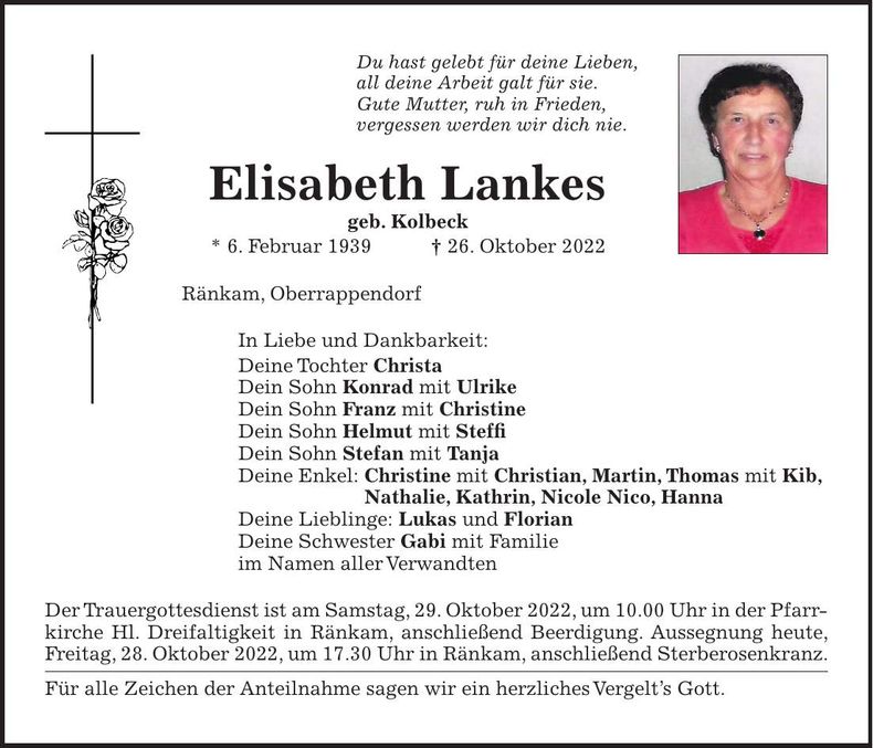 Traueranzeige Elisabeth Lankes
