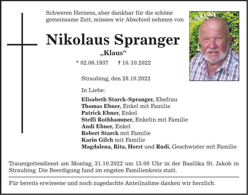 Traueranzeige Nikolaus Spranger