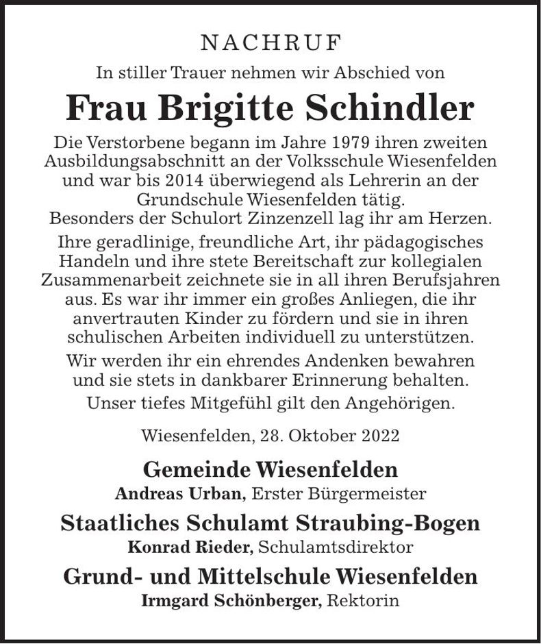 Traueranzeige Brigitte Schindler