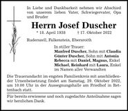 Traueranzeige Josef Duscher
