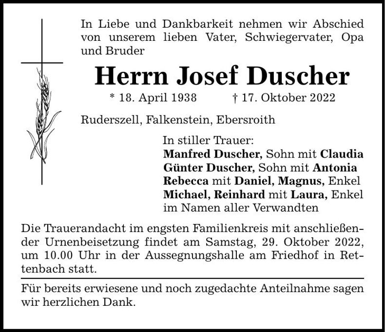 Traueranzeige Josef Duscher