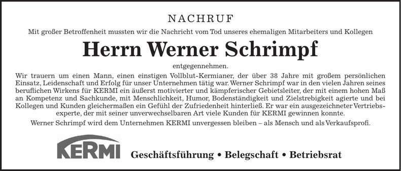 Traueranzeige Werner Schrimpf