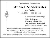 Traueranzeige Andrea Niederreiter