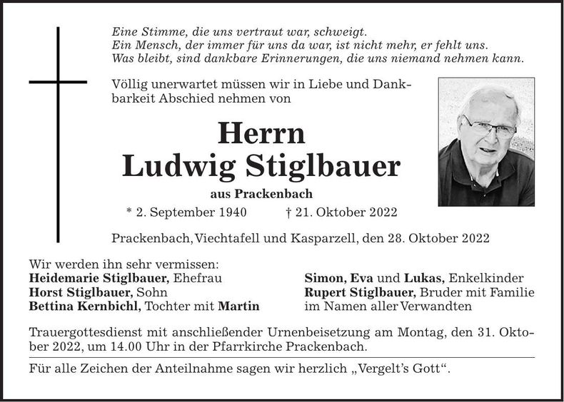 Traueranzeige Ludwig Stiglbauer