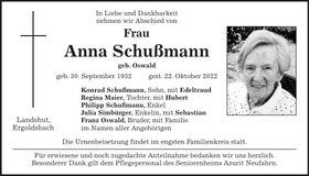 Traueranzeige Anna Schußmann
