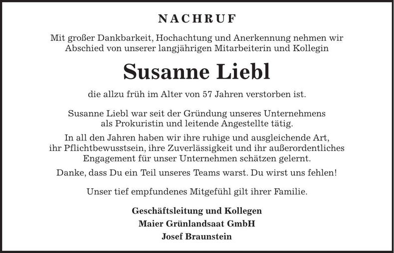 Traueranzeige Susanne Liebl