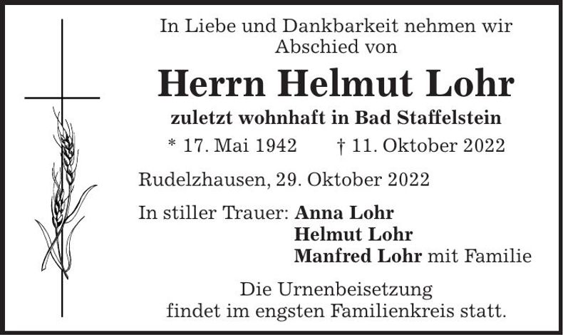 Traueranzeige Helmut Lohr