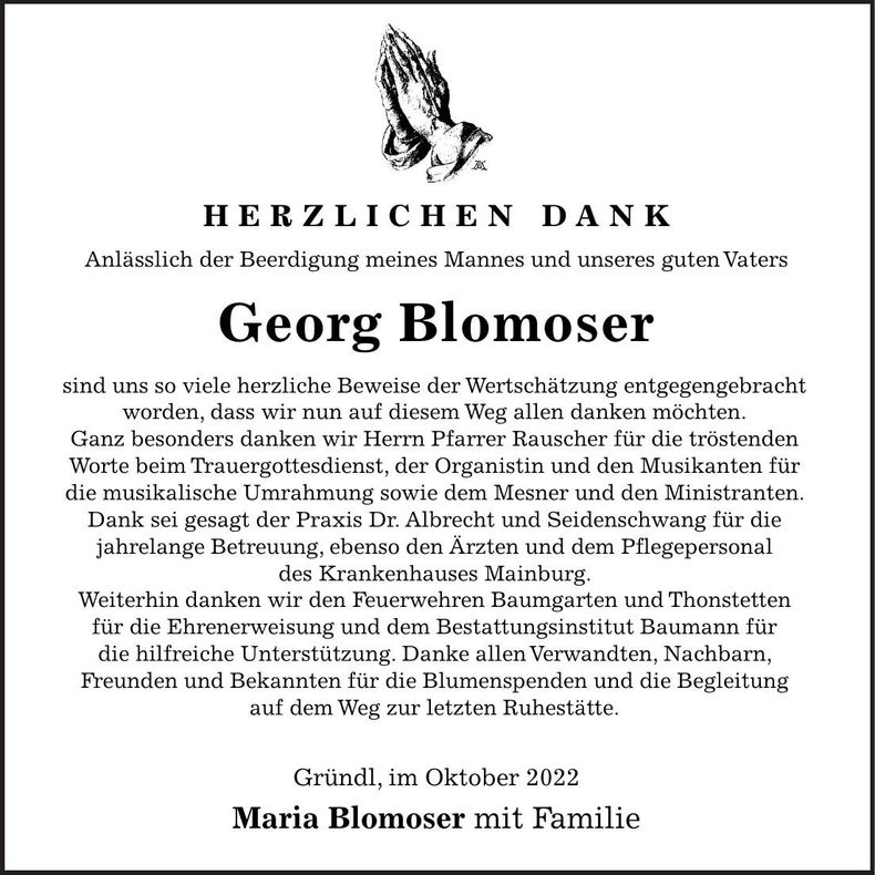Traueranzeige Georg Blomoser