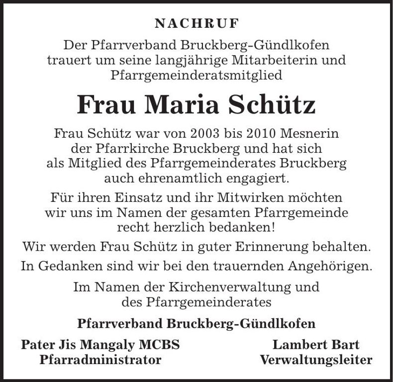 Traueranzeige Maria Schütz