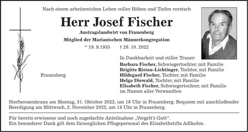 Traueranzeige Josef Fischer