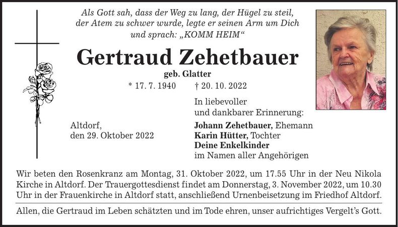 Traueranzeige Gertraud Zehetbauer