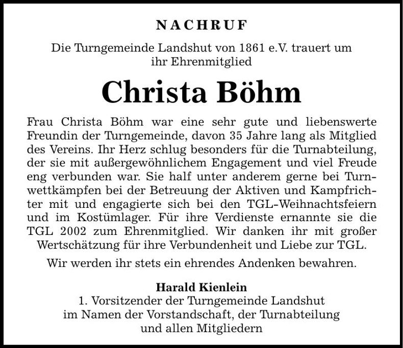 Traueranzeige Christa Böhm