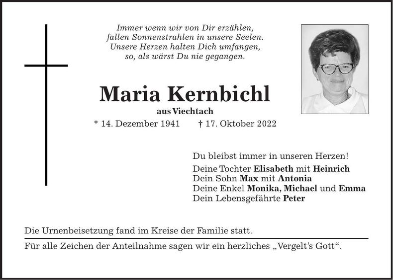 Traueranzeige Maria Kernbichl