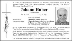 Traueranzeige Johann Huber