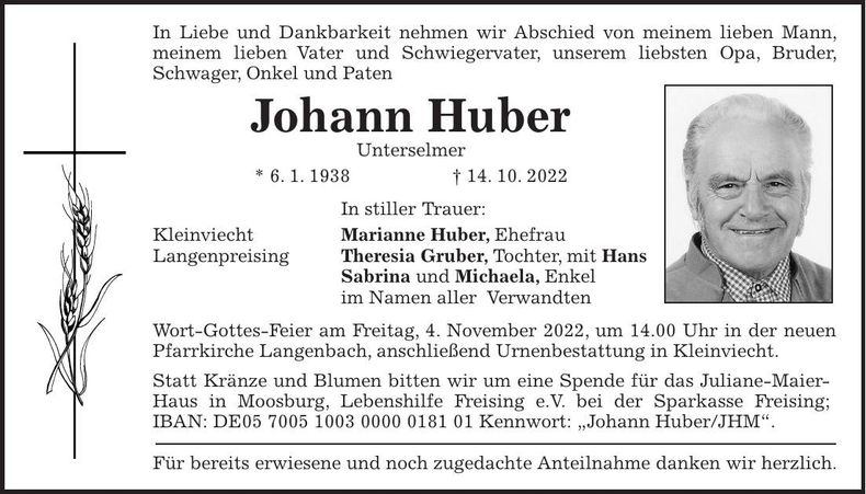 Traueranzeige Johann Huber