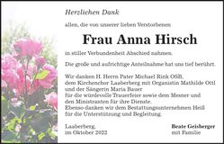 Traueranzeige Anna Hirsch
