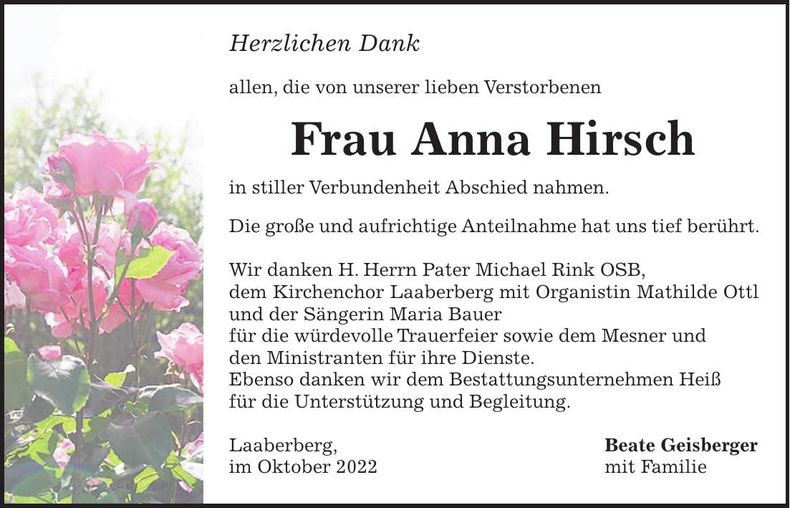 Traueranzeige Anna Hirsch