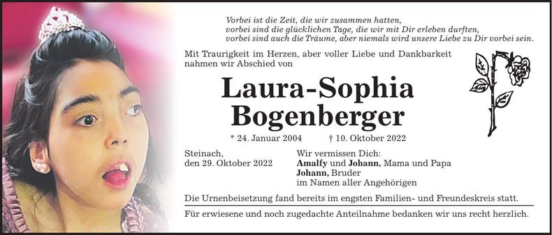 Traueranzeige Laura-Sophia Bogenberger