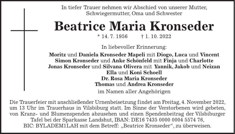 Traueranzeige Beatrice Kronseder