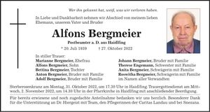 Traueranzeige Alfons Bergmeier