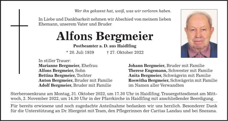 Traueranzeige Alfons Bergmeier