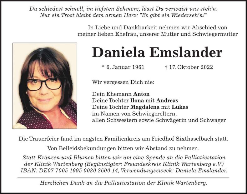 Traueranzeige Daniela Emslander