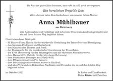 Traueranzeige Anna Mühlbauer