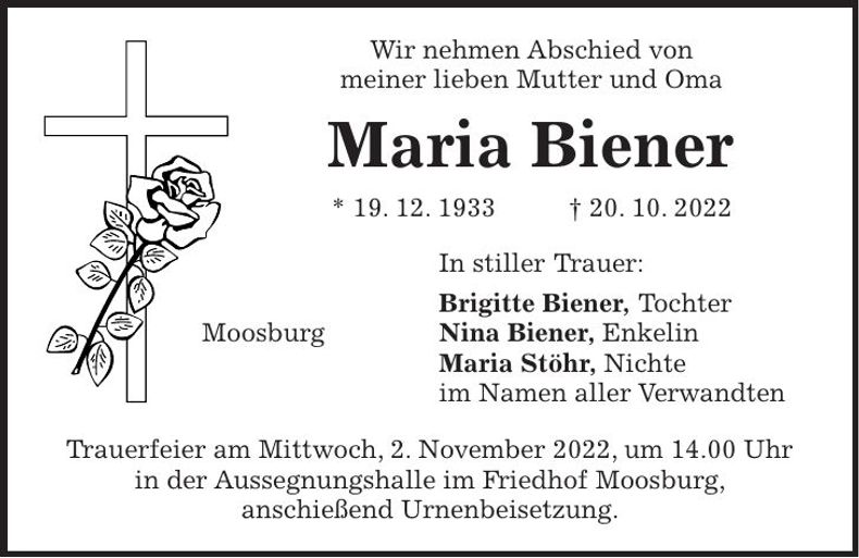 Traueranzeige Maria Biener