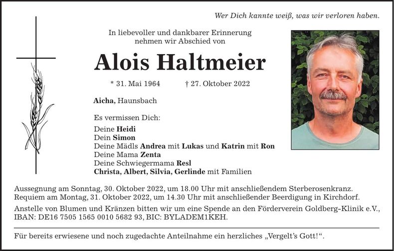 Traueranzeige Alois Haltmeier