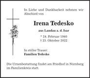 Traueranzeige Irena Tedesko