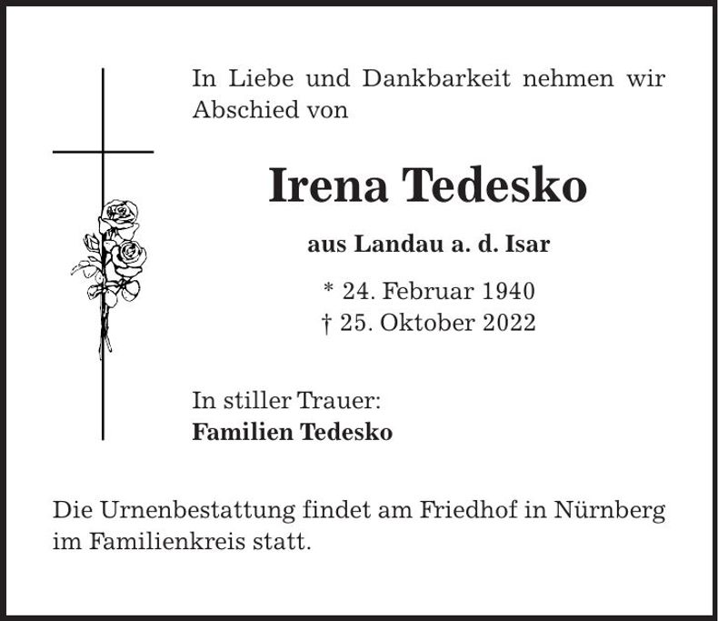 Traueranzeige Irena Tedesko