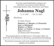 Traueranzeige Johanna Nagl