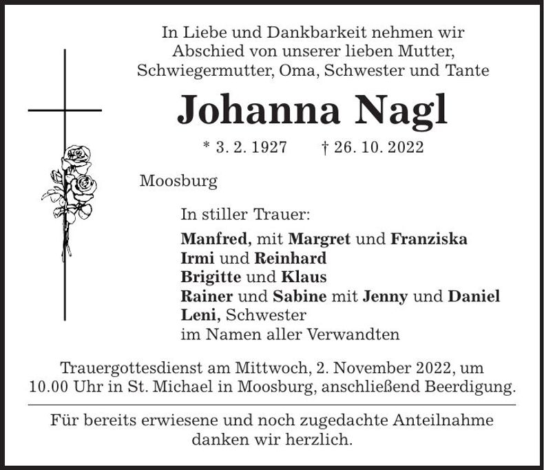 Traueranzeige Johanna Nagl