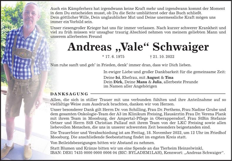 Traueranzeige Andreas Schwaiger