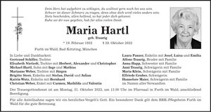 Traueranzeige Maria Hartl