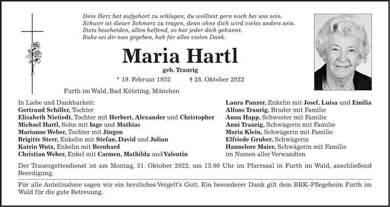 Traueranzeige Maria Hartl