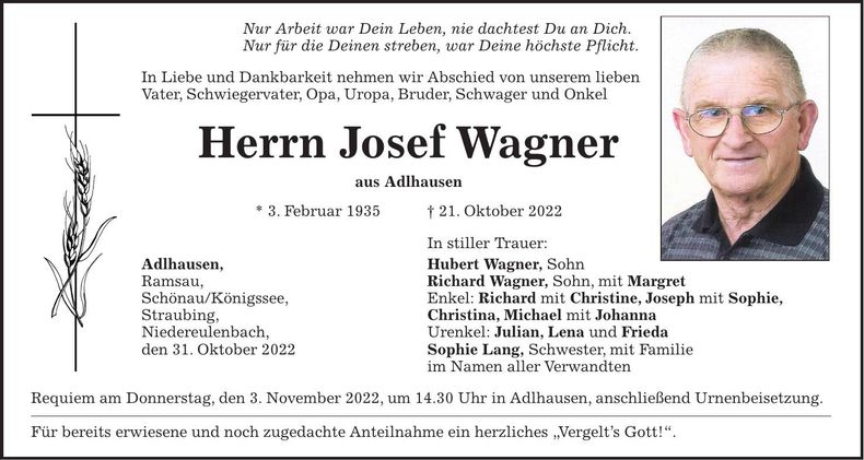 Traueranzeige Josef Wagner